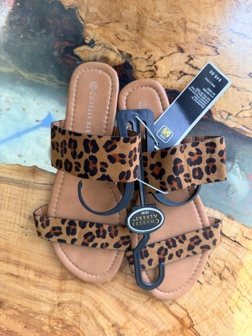 Charles Albert Leopard Print Slide Sandals Womens 5/6 Double Strap Flat NWT